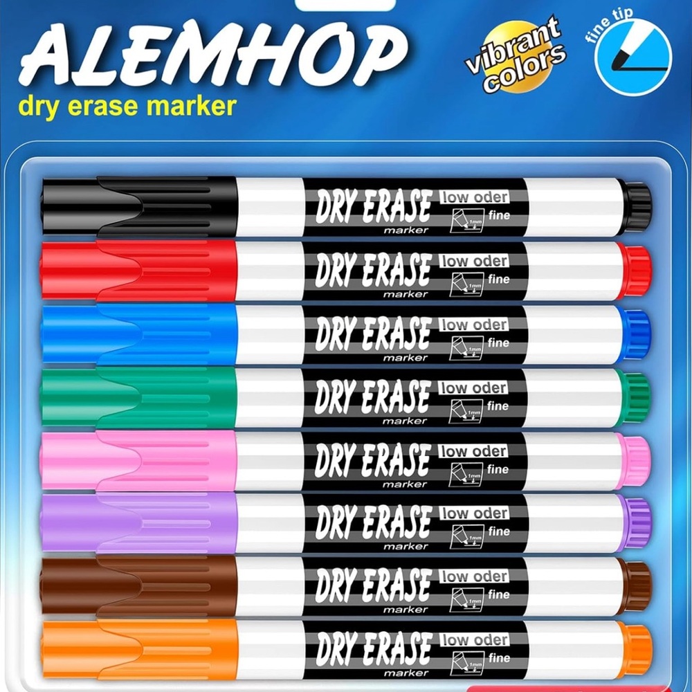 Low Odor Dry Erase Markers, Fine Tip, Assorted Color, 8 Count, White Board - Picture 1 of 6